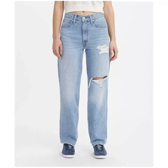 Levi's Denim - Levi's Women's 28 Mid-Rise '94 Baggy Straight Jeans Blue Distressed Denim